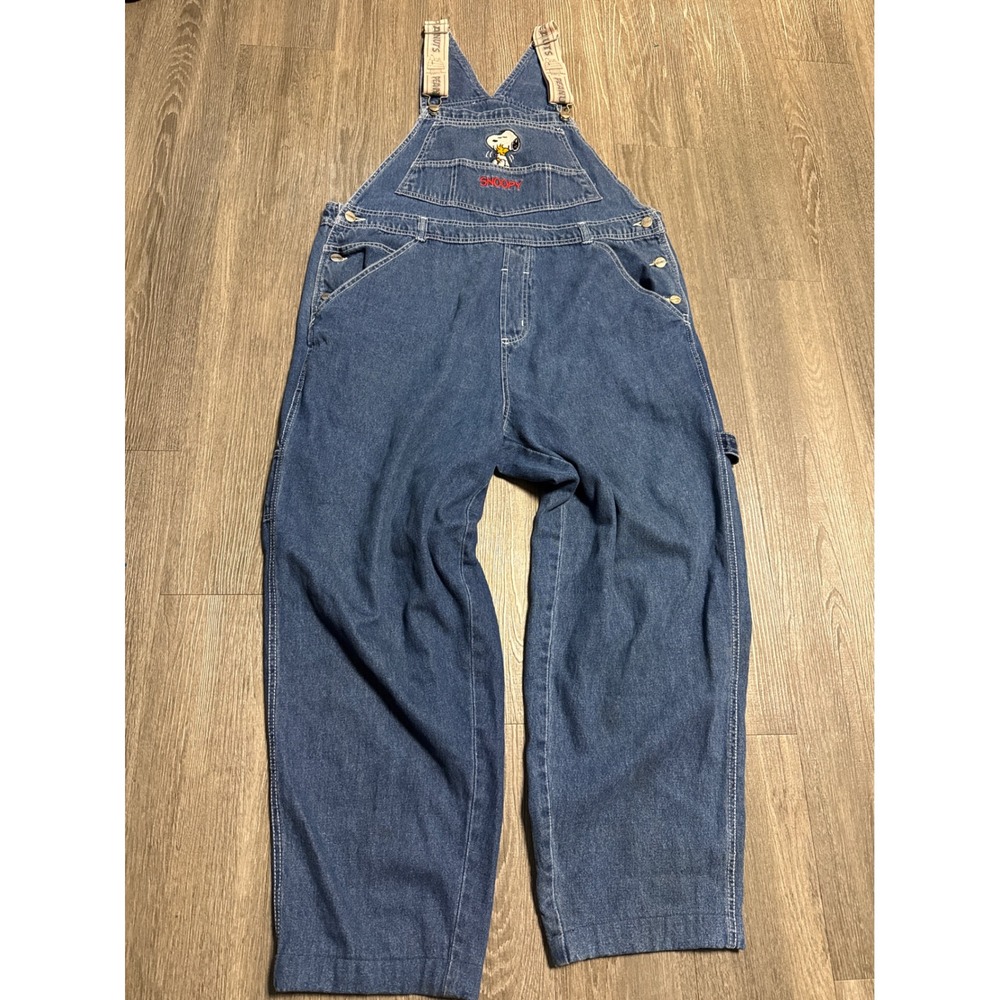 Vintage Peanuts Snoopy Denim Overalls XXL Wash Woodstock Embroidered 90s